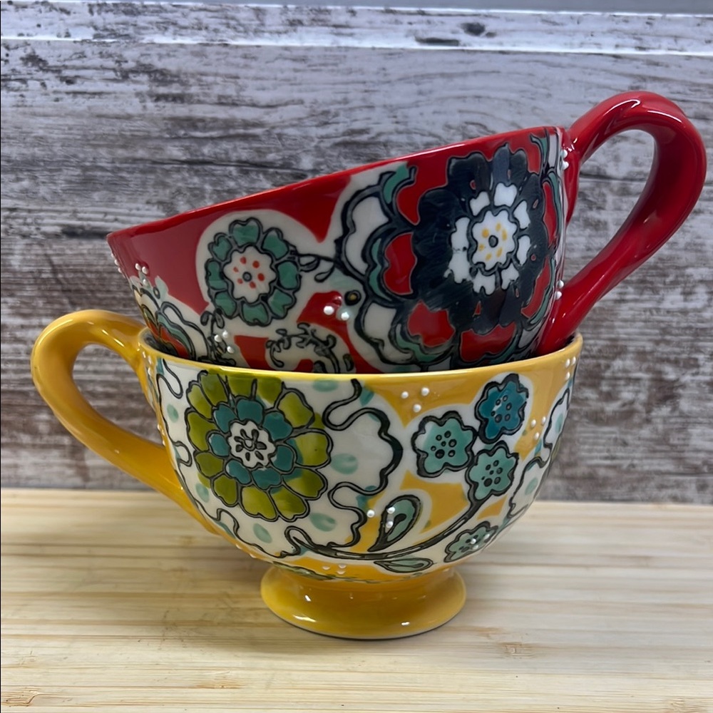 Anthropologie Floral Ceramic Mugs Cups set/2 Coffe Cocoa Soup